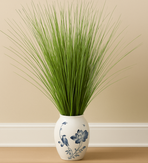 Artificial Tall Grass Arrangement in Blue Floral Ceramic Vase