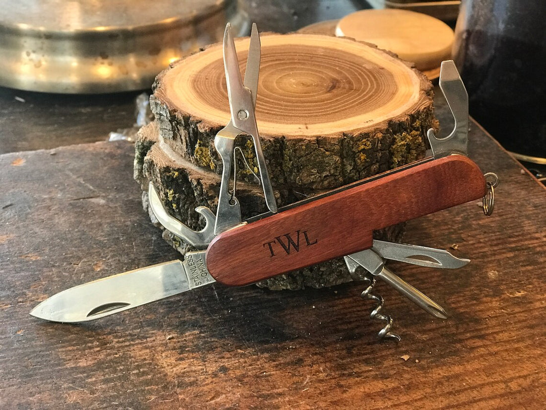 Custom Engraved 3 1/2" Wooden 8-Function Multi-Tool Pocket Knife