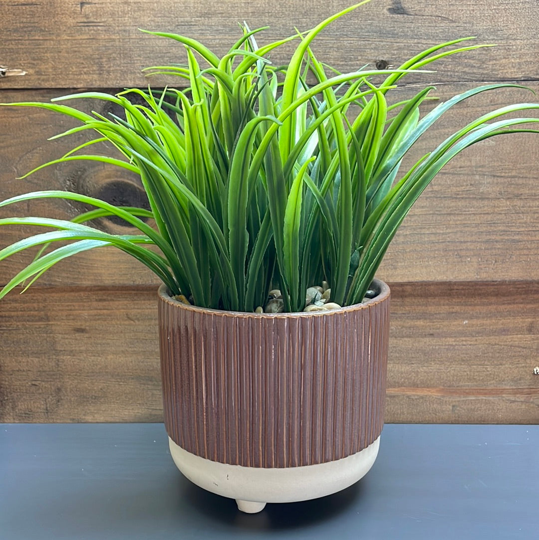 Brown Striped Pot with Artificial Grass