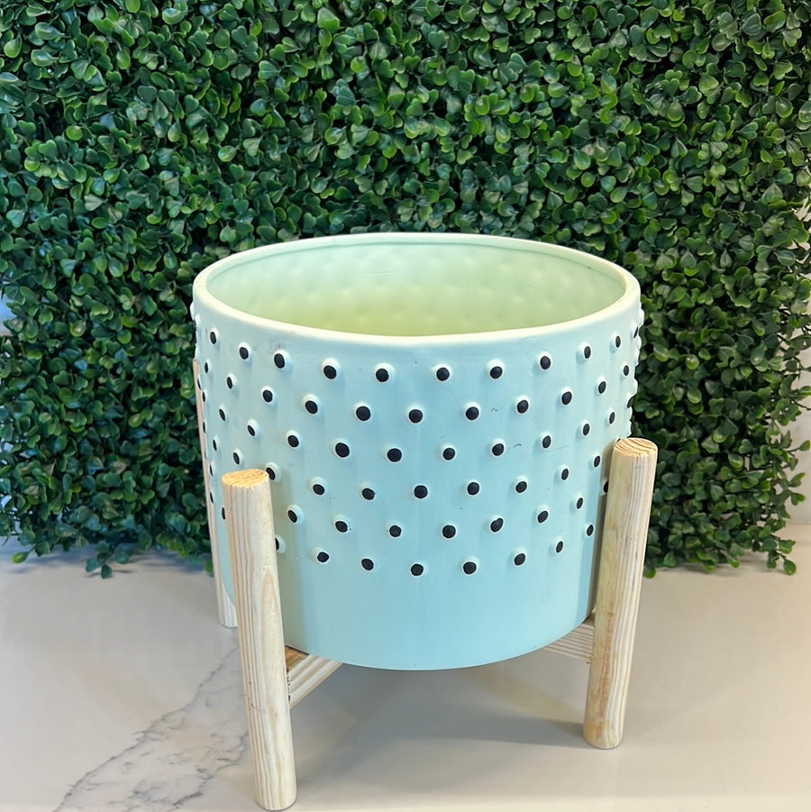 Teal Planter with Wood Base