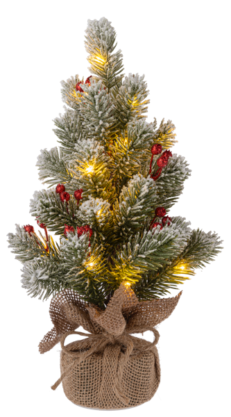 14.5" Pre-Lit Flocked Tabletop Christmas Tree with Berries & Burlap Base