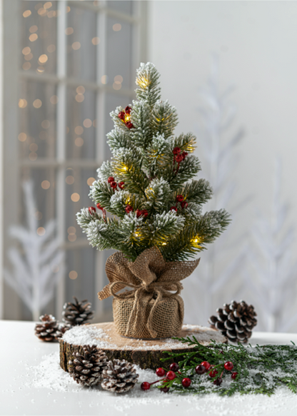 14.5" Pre-Lit Flocked Tabletop Christmas Tree with Berries & Burlap Base