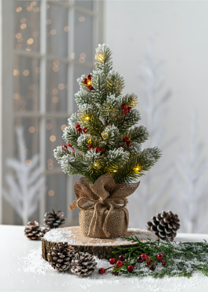 14.5" Pre-Lit Flocked Tabletop Christmas Tree with Berries & Burlap Base