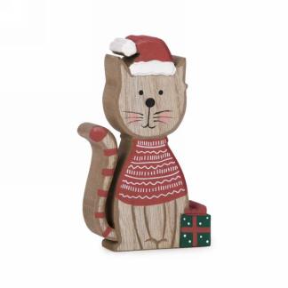 Wooden Holiday Cat with Striped Shirt